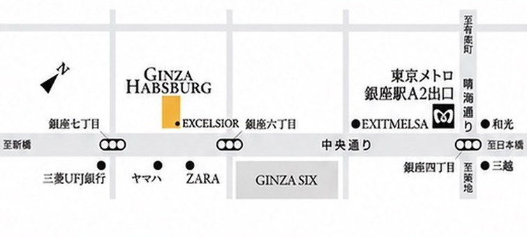 会場周辺地図: 中央通り沿い、銀座六丁目と七丁目の間。EXCELSIOR の隣のビル。銀座駅 A2 出口から中央通りを新橋方面へ